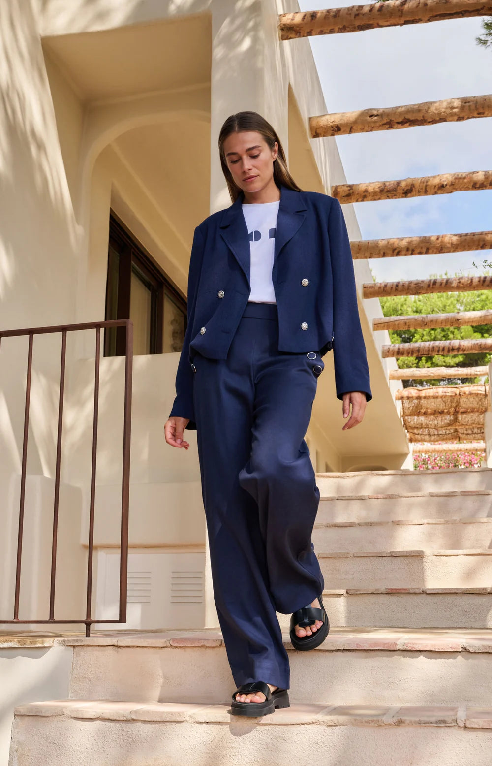 Yaya High Waist Trousers in Navy