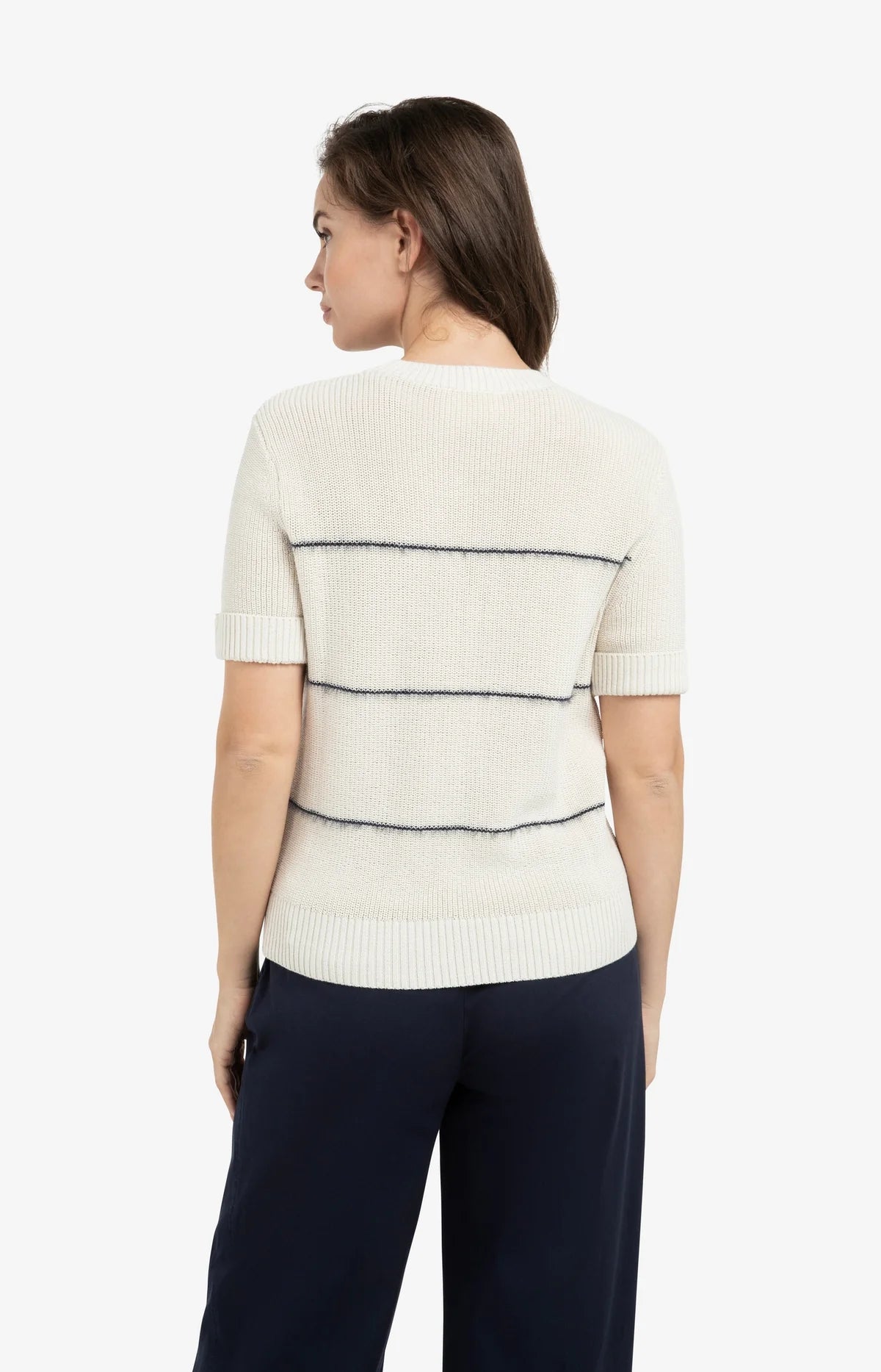 Yaya Knitted Short Sleeve Sweater in Navy Stripe