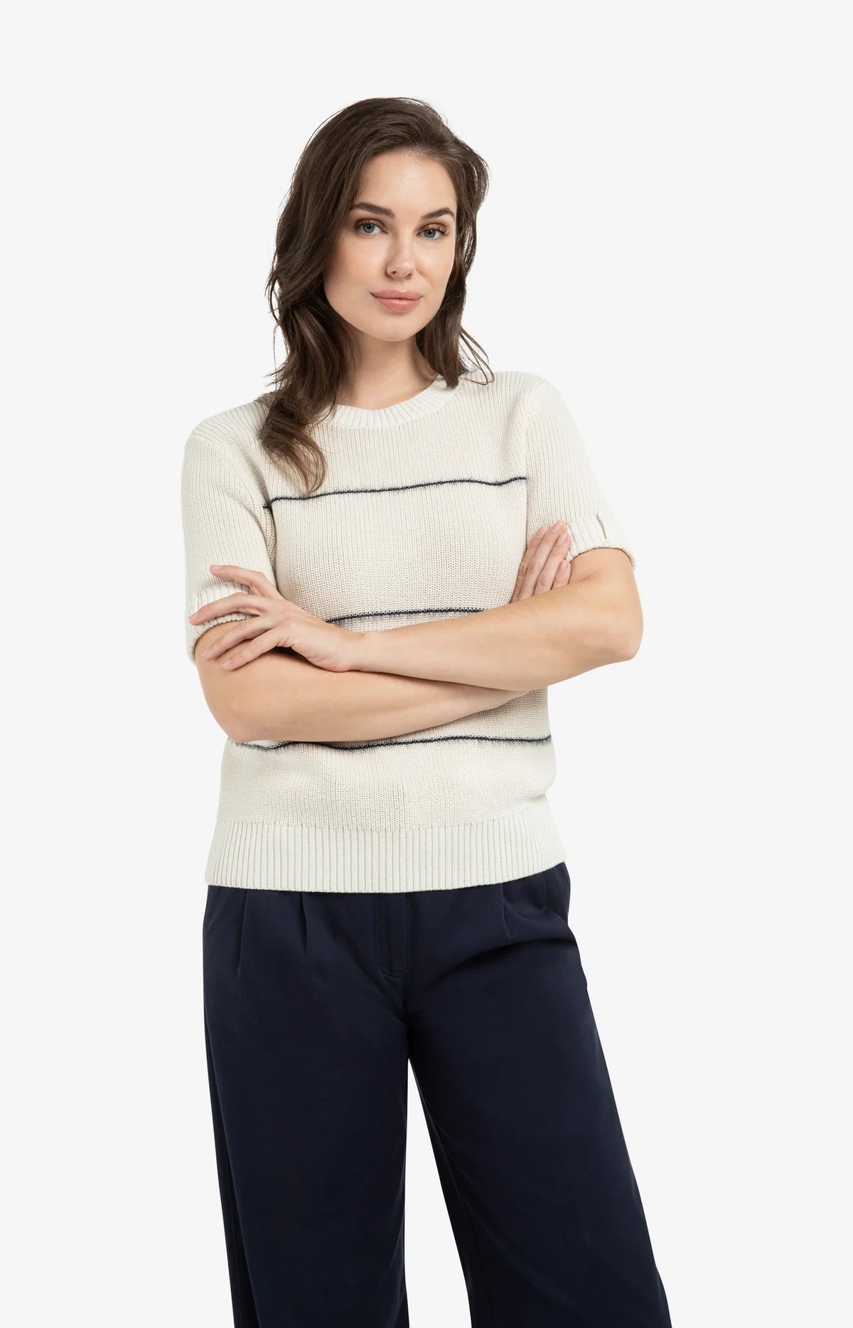 Yaya Knitted Short Sleeve Sweater in Navy Stripe