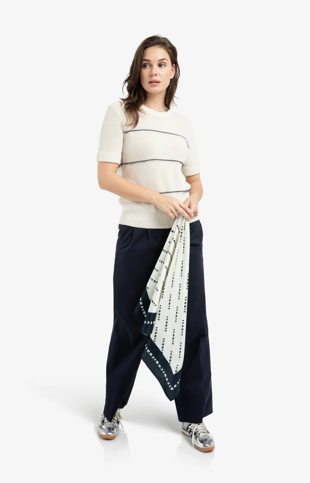 Yaya Knitted Short Sleeve Sweater in Navy Stripe