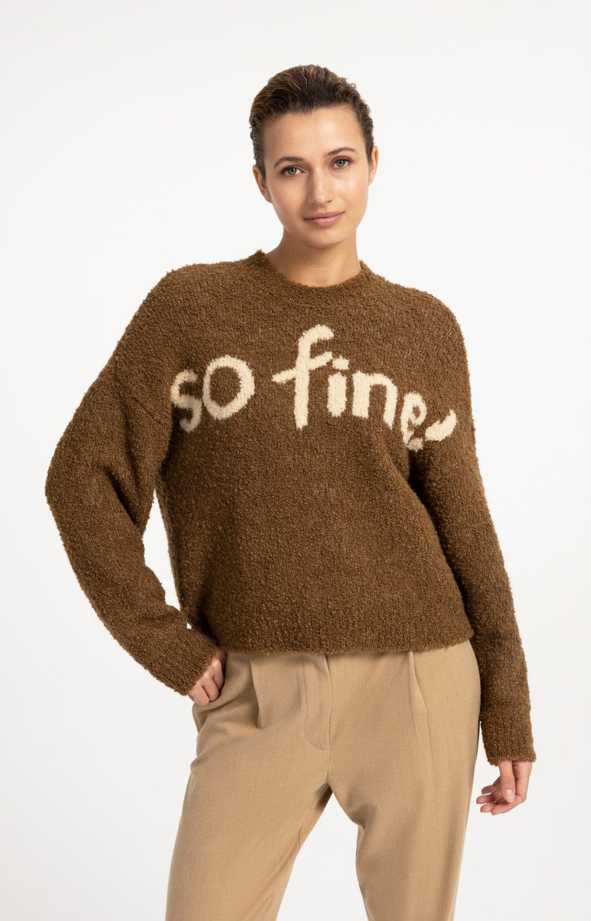 YAYA Wool Blend Jumper with 'So Fine' Artwork in Otter Brown