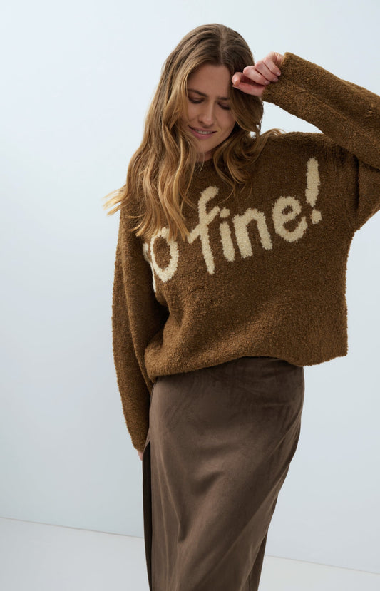 YAYA Wool Blend Jumper with 'So Fine' Artwork in Otter Brown