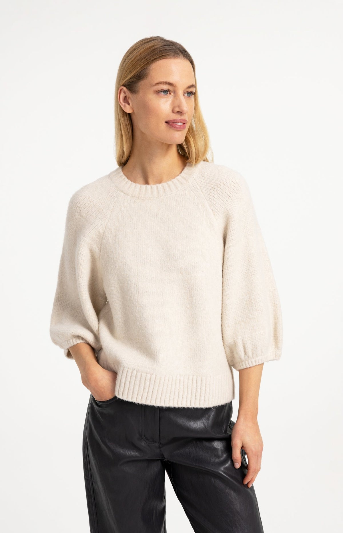 YAYA Balloon Sleeve Jumper in Off White Melange