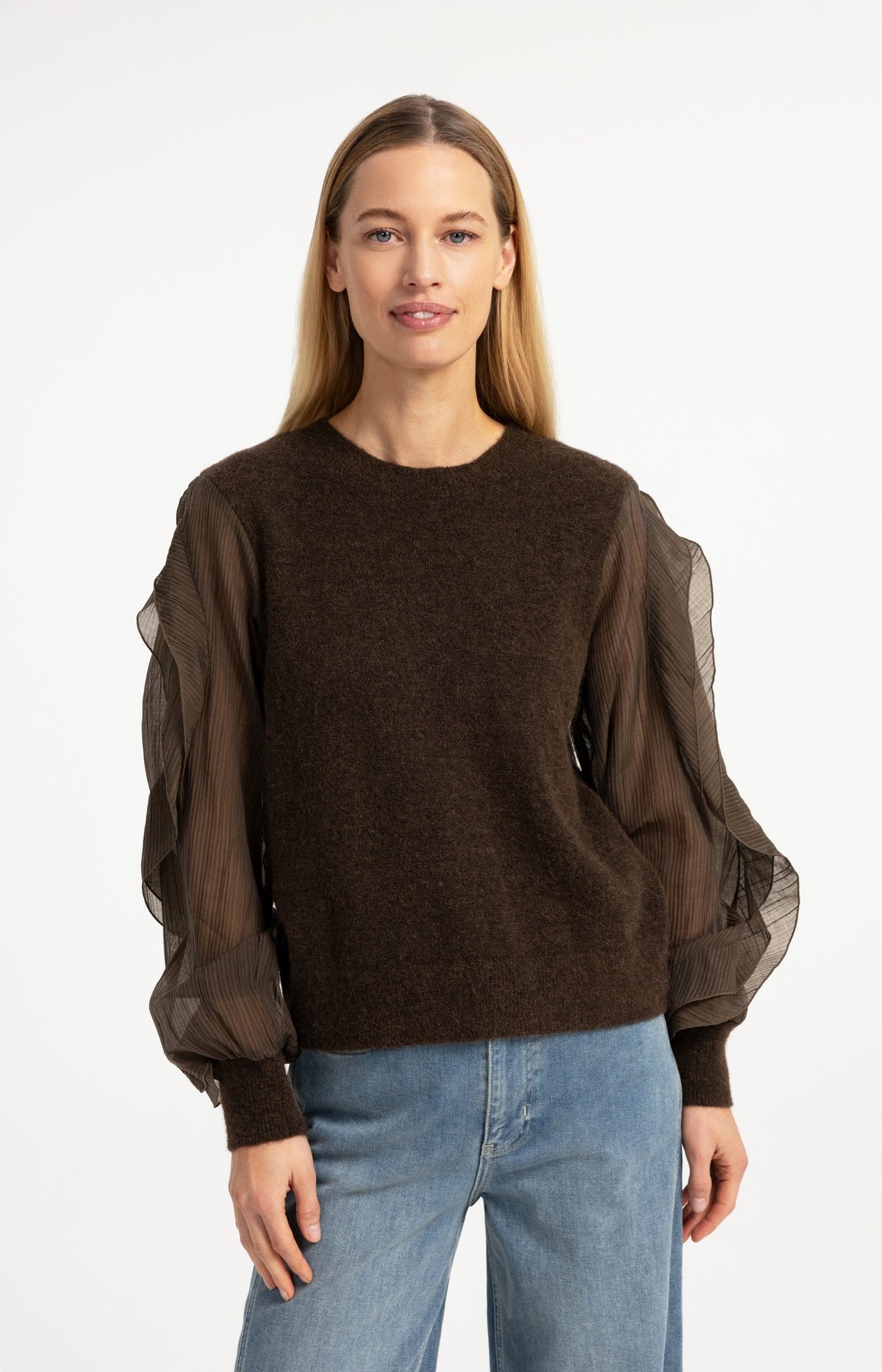 YAYA Alpaca Blend Jumper with Sheer Ruffle Sleeves in Slate Black Brown