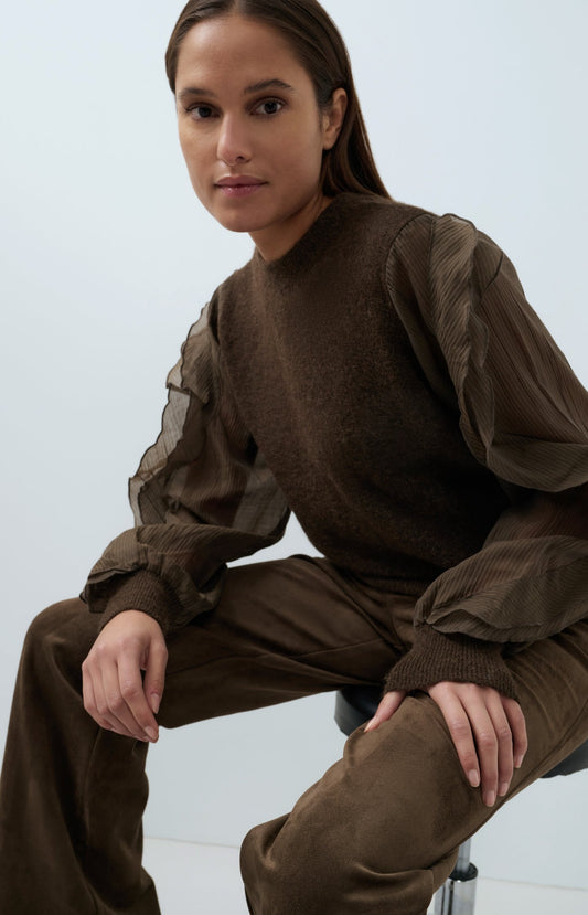 YAYA Alpaca Blend Jumper with Sheer Ruffle Sleeves in Slate Black Brown