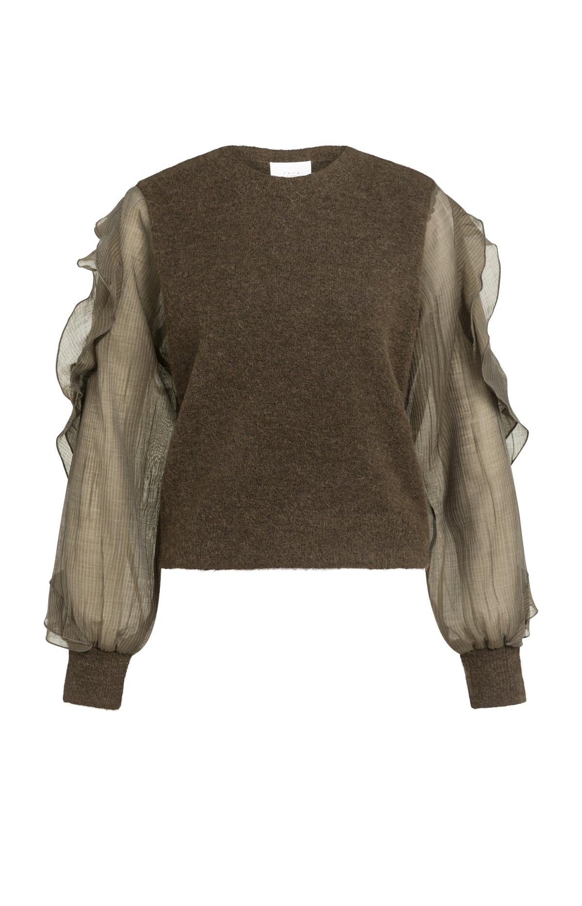 YAYA Alpaca Blend Jumper with Sheer Ruffle Sleeves in Slate Black Brown