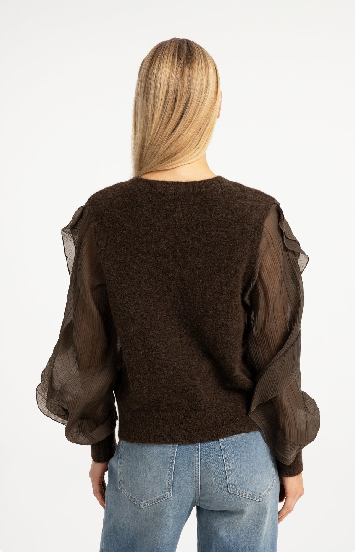 YAYA Alpaca Blend Jumper with Sheer Ruffle Sleeves in Slate Black Brown