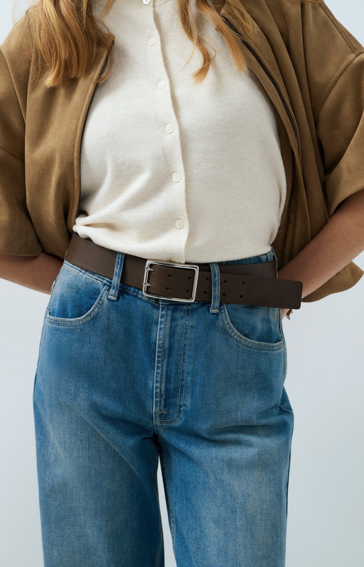 YAYA Leather Belt with Double Prong Buckle in Black