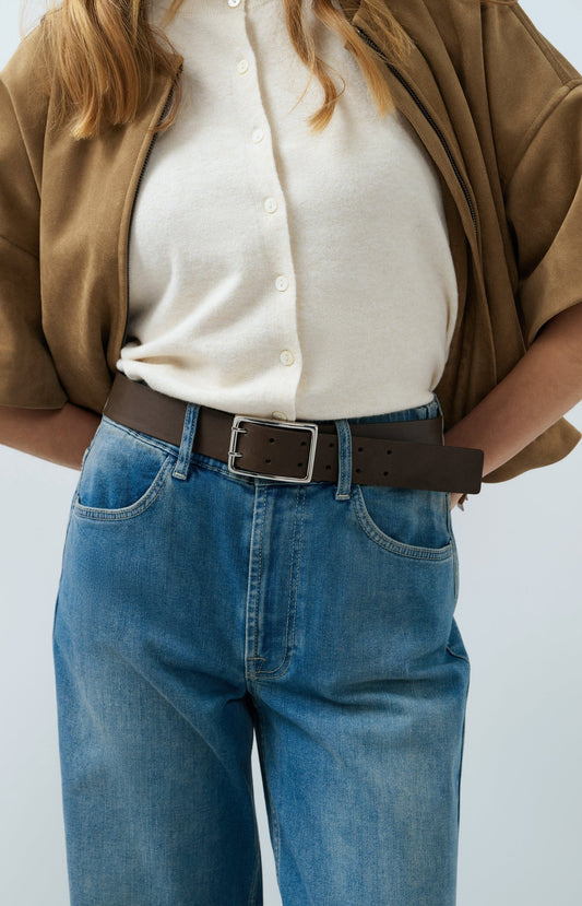 YAYA Leather Belt with Double Prong Buckle in Black