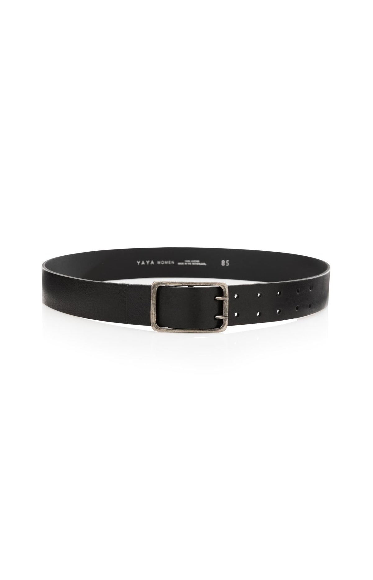 YAYA Leather Belt with Double Prong Buckle in Black