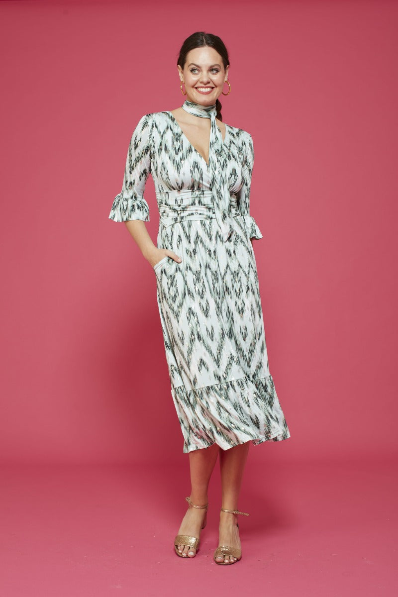 Leslie Midi Dress in Metallic Green