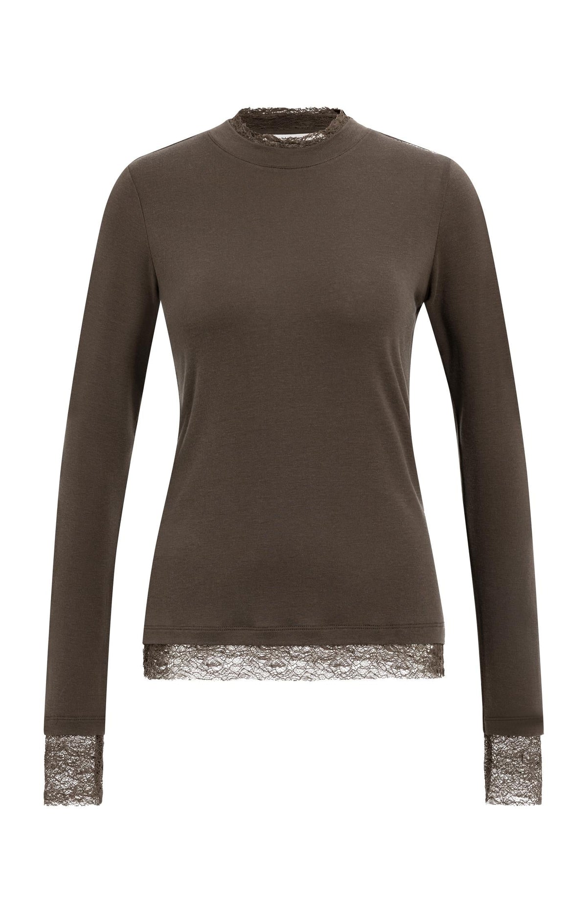 YAYA Lace Trim Long Sleeve Jersey Top in Slate Black Brown