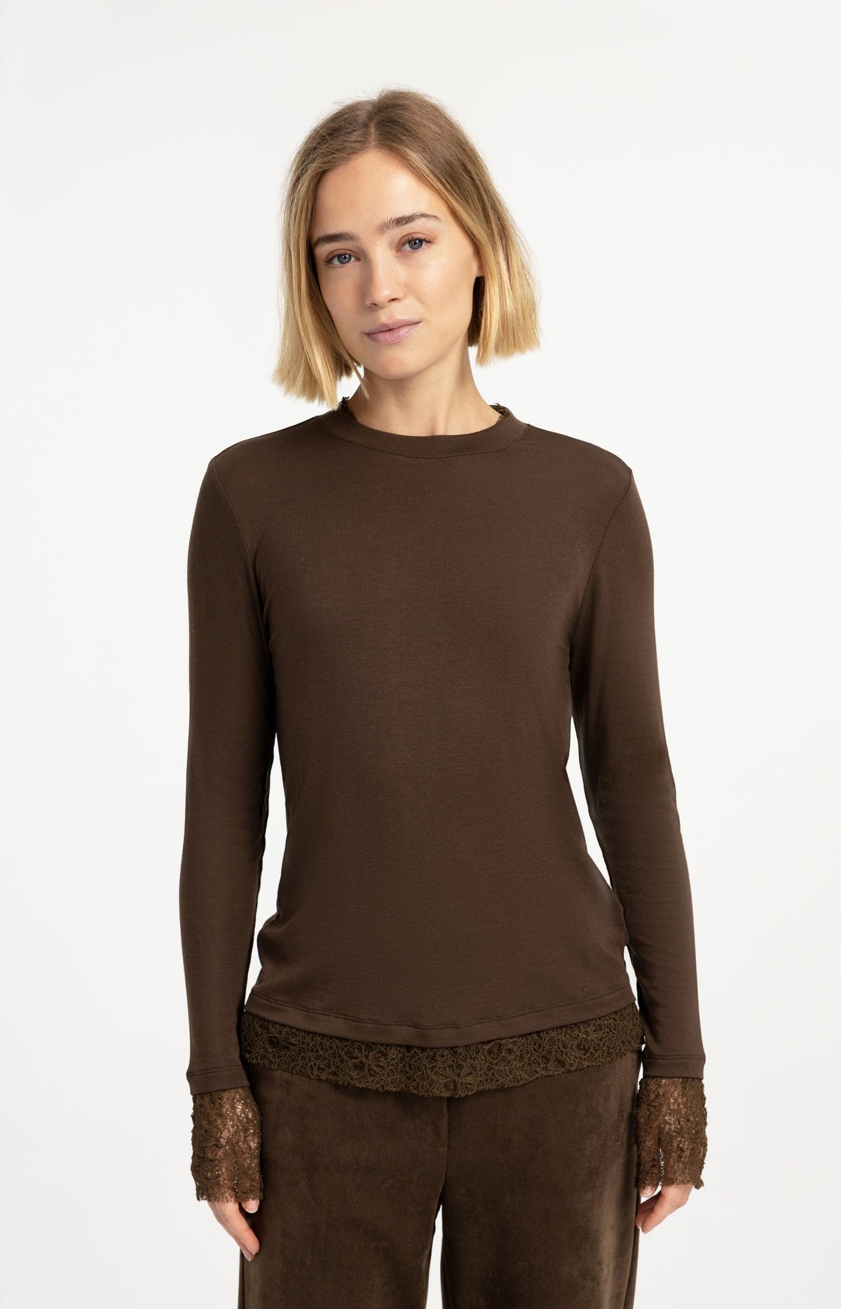 YAYA Lace Trim Long Sleeve Jersey Top in Slate Black Brown