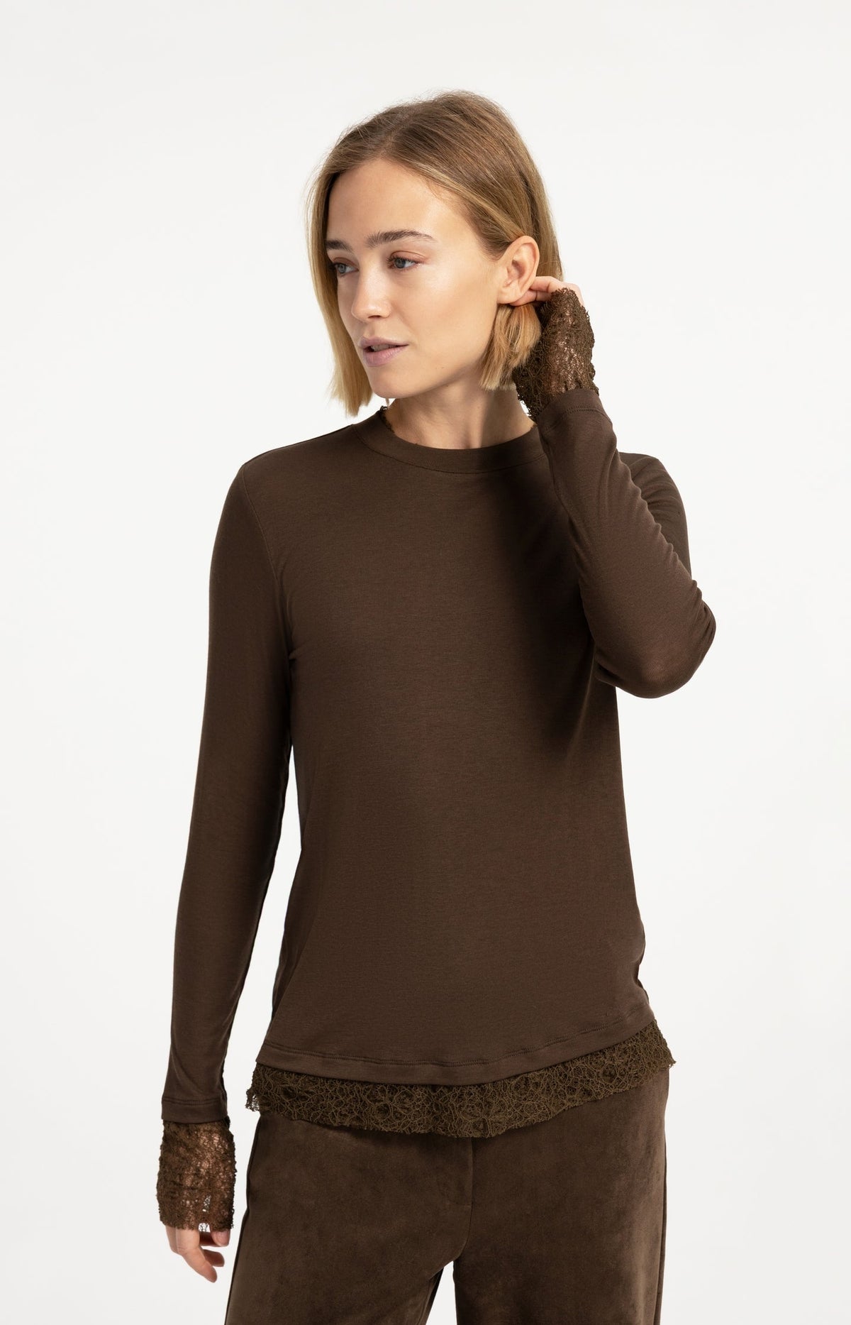 YAYA Lace Trim Long Sleeve Jersey Top in Slate Black Brown