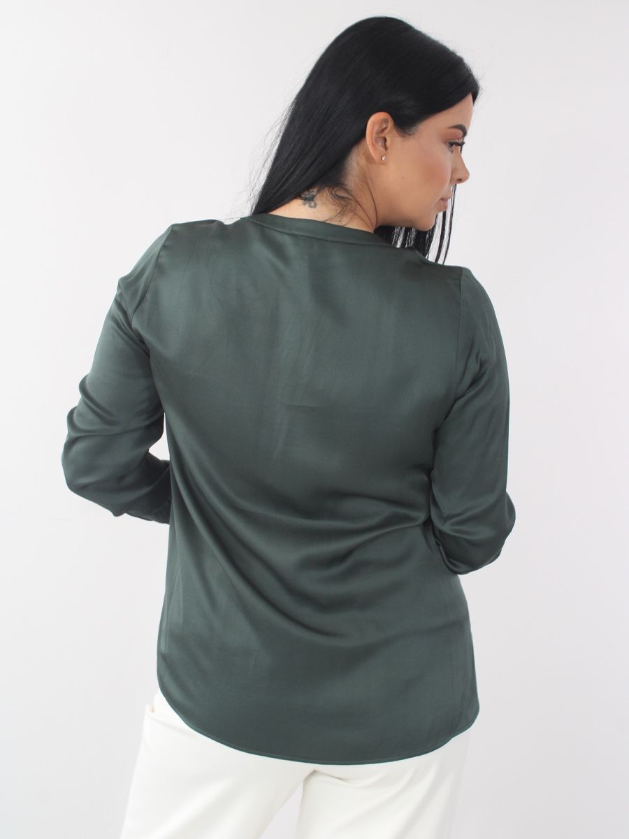 Satin V-Neck Blouse in Forest Green