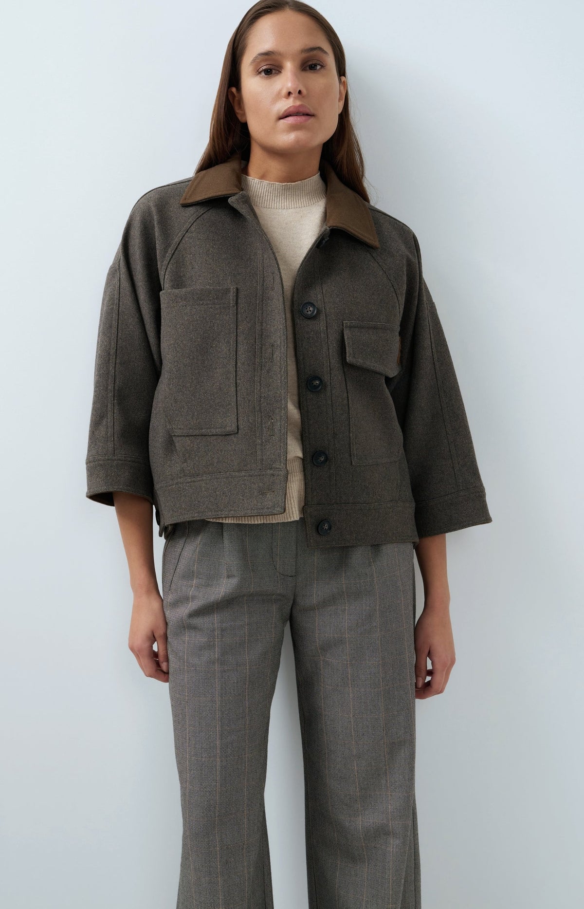 YAYA Oversized Wool Blend Jacket with Contrast Collar in Grey Melange
