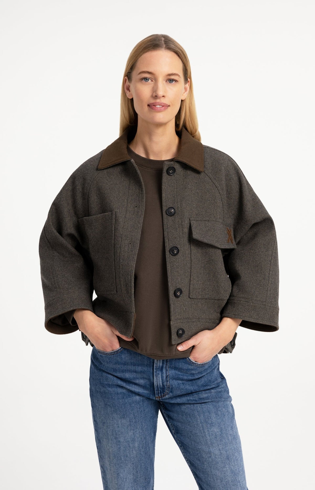 YAYA Oversized Wool Blend Jacket with Contrast Collar in Grey Melange