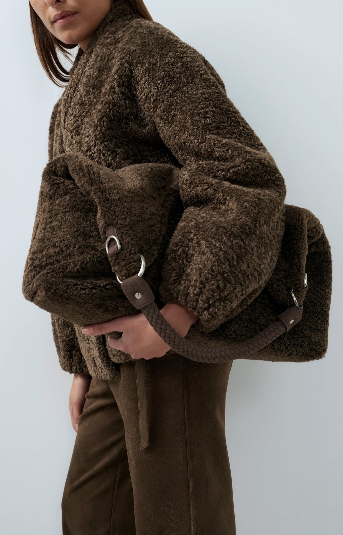 YAYA Reversible Faux Fur Shopper Bag in Slate Black Brown