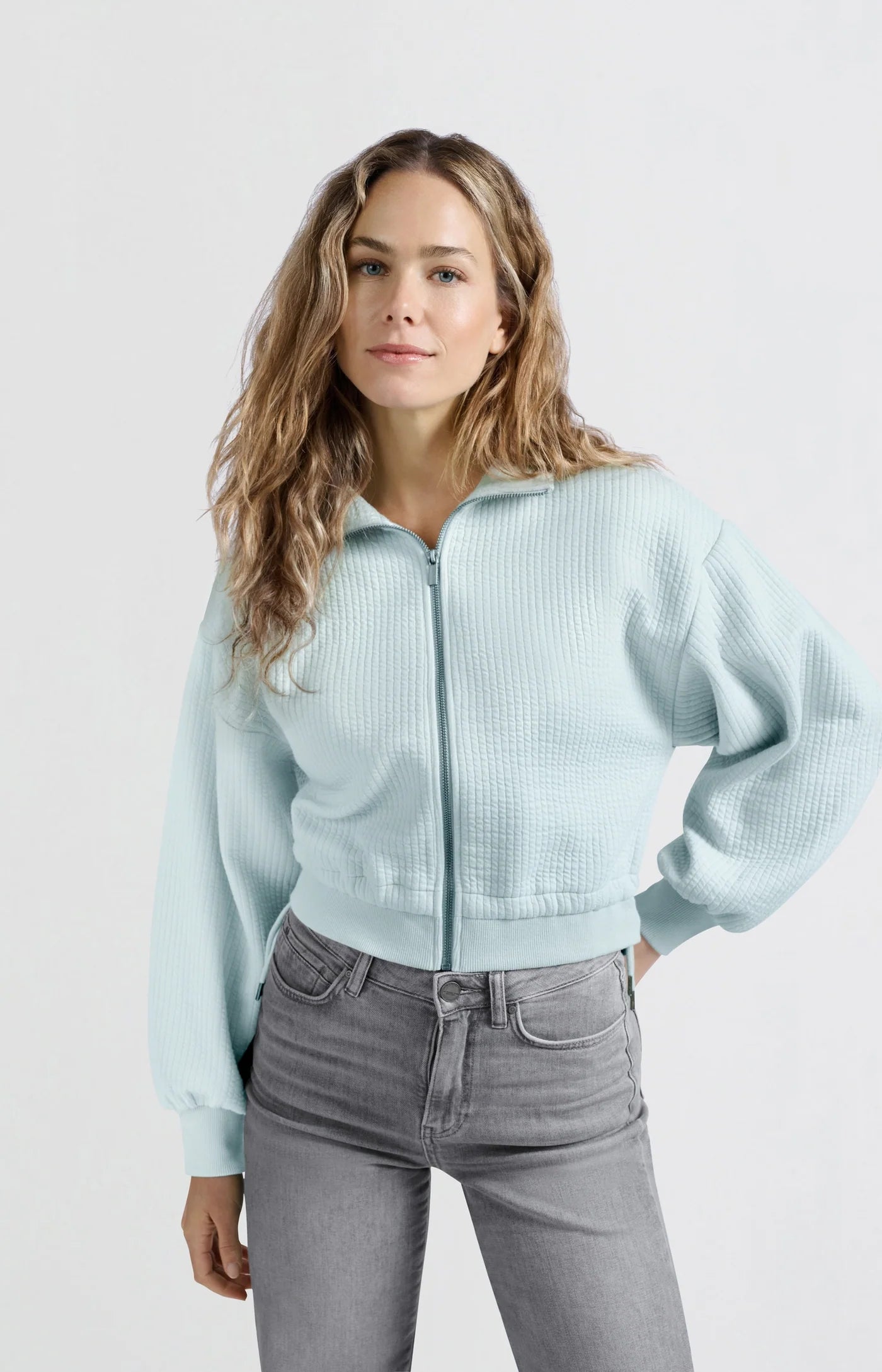 YAYA Ribbed Jersey Zip-up Sweater in Grey