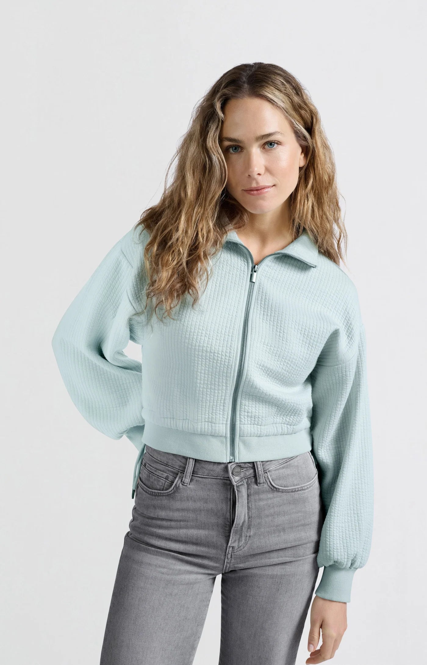 YAYA Ribbed Jersey Zip-up Sweater in Grey