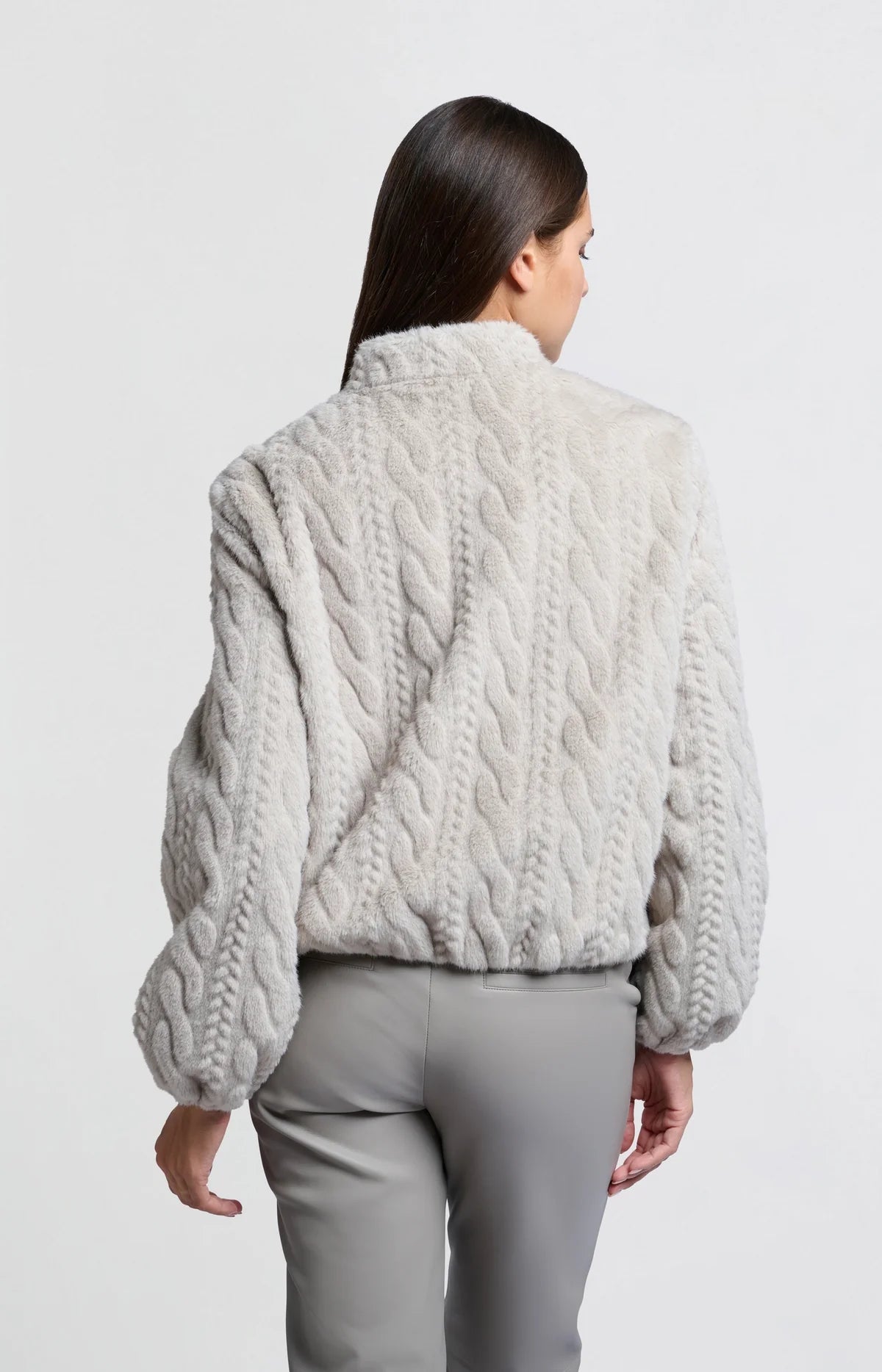 Cable Knit Cropped Faux Fur Coat in Grey