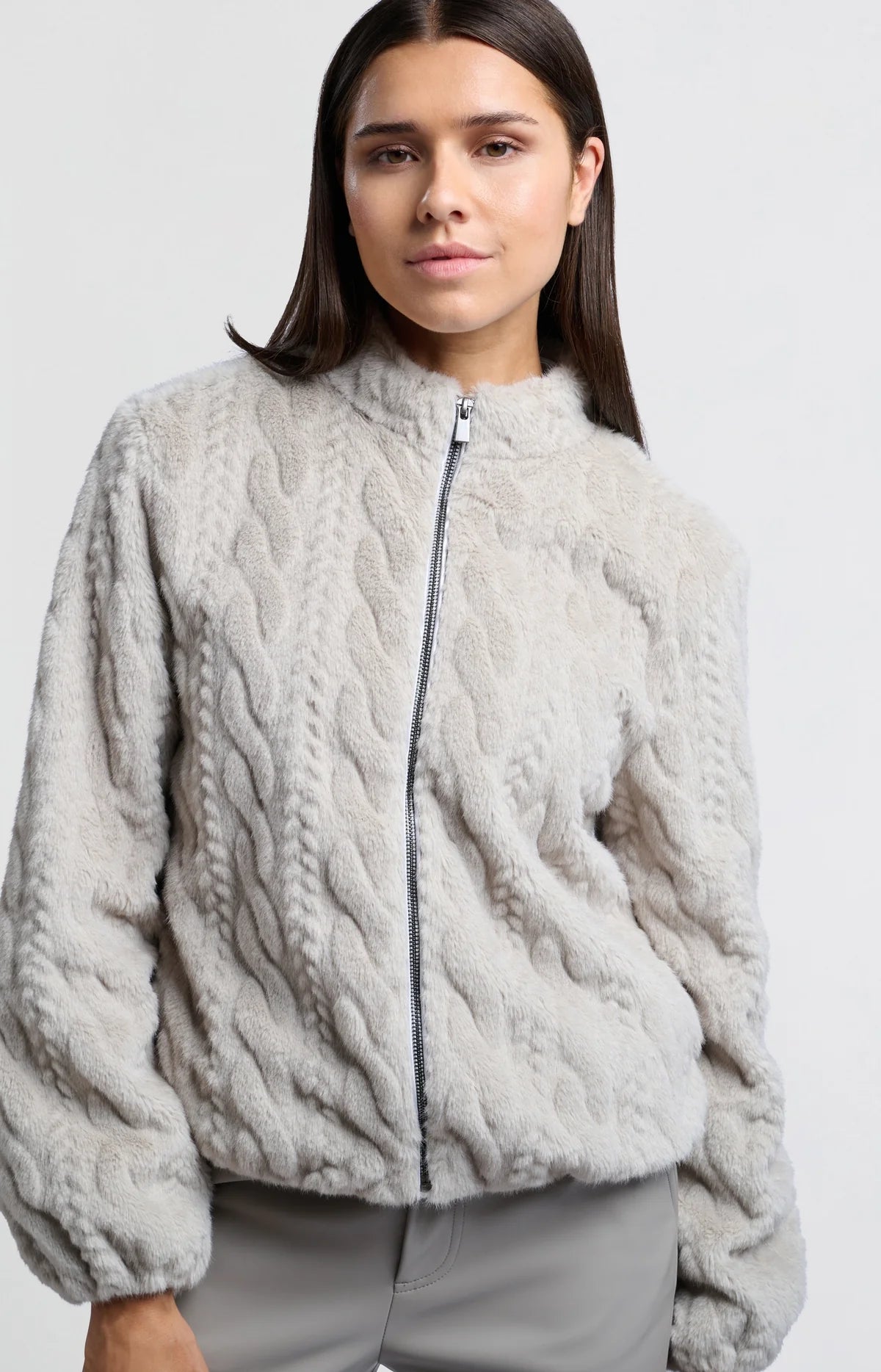 Cable Knit Cropped Faux Fur Coat in Grey