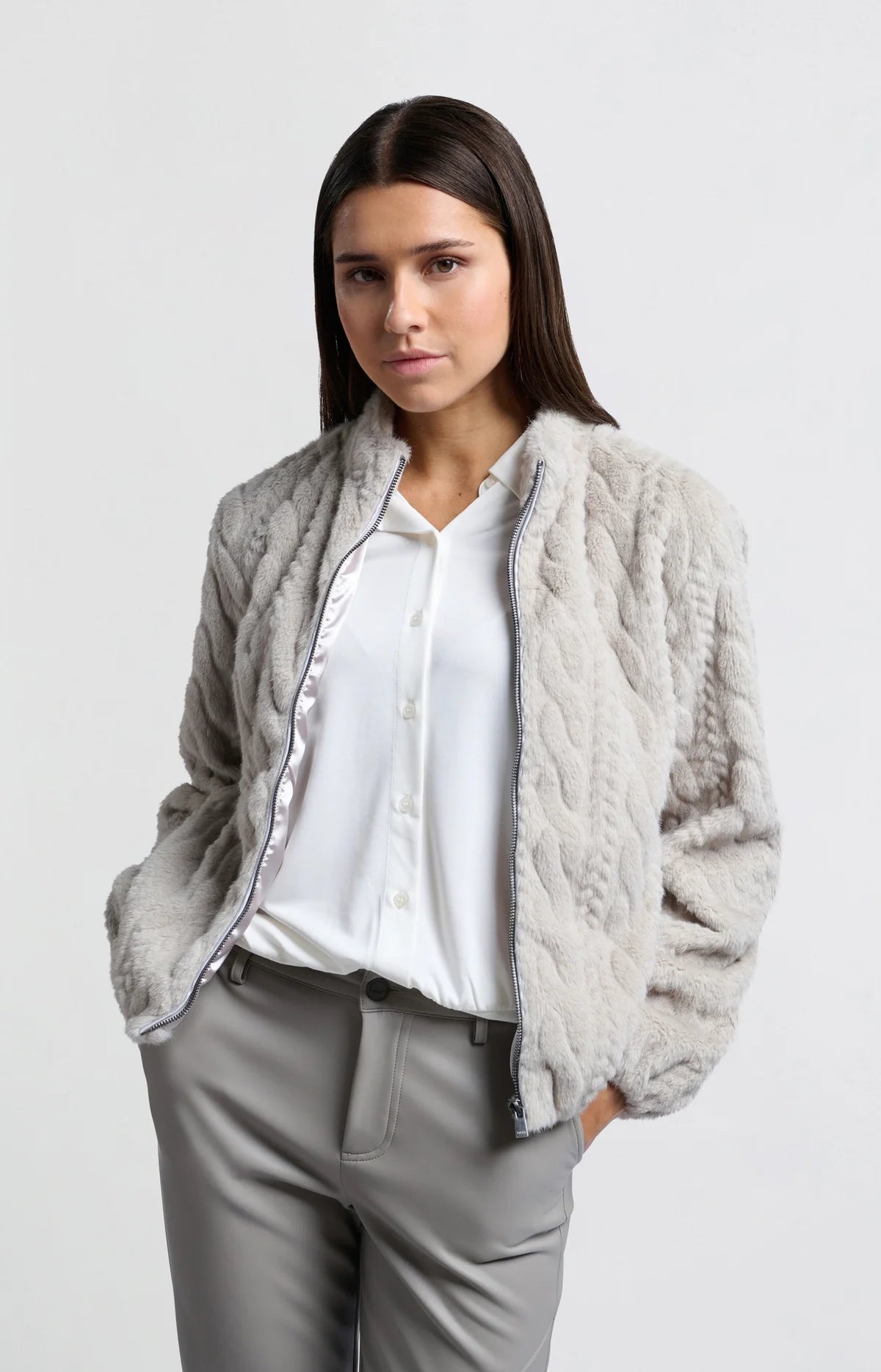 Cable Knit Cropped Faux Fur Coat in Grey