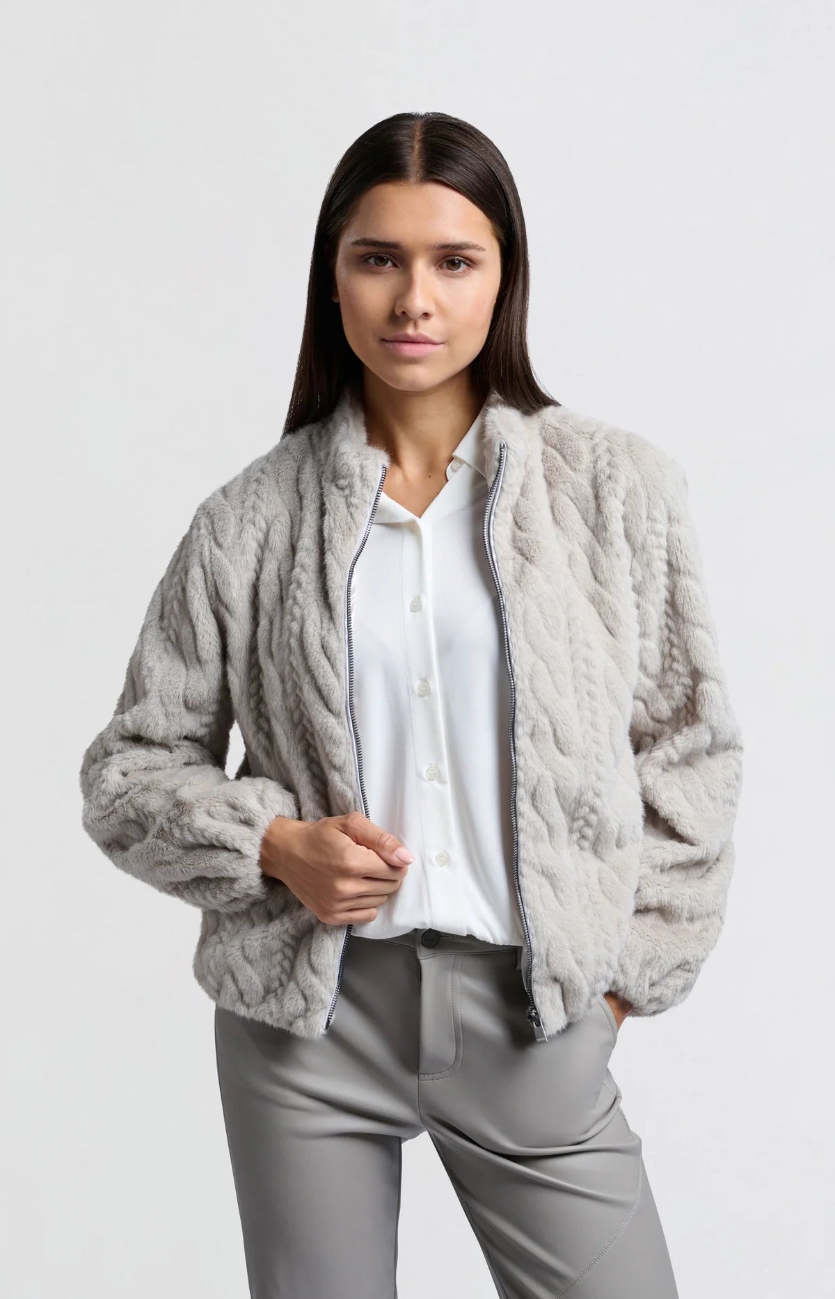 Cable Knit Cropped Faux Fur Coat in Grey