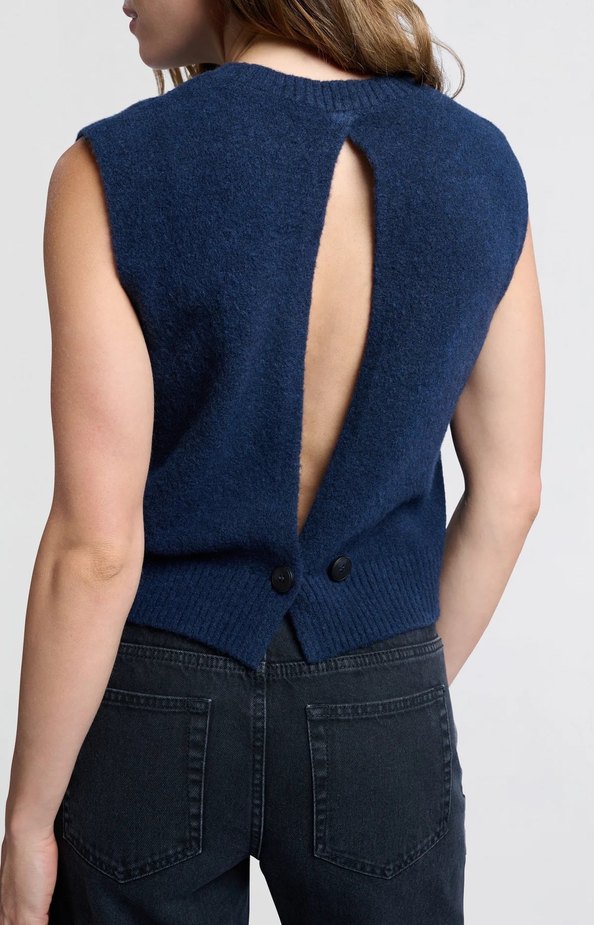 Open Back Sweater Vest in Outer Space Blue Melange