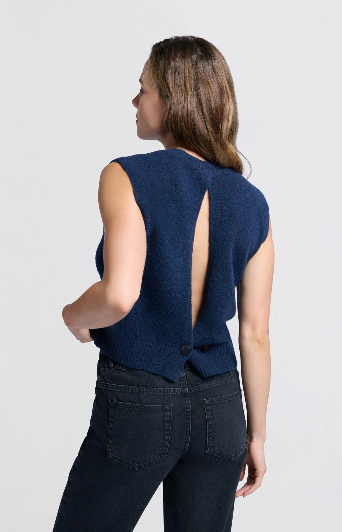 Open Back Sweater Vest in Outer Space Blue Melange