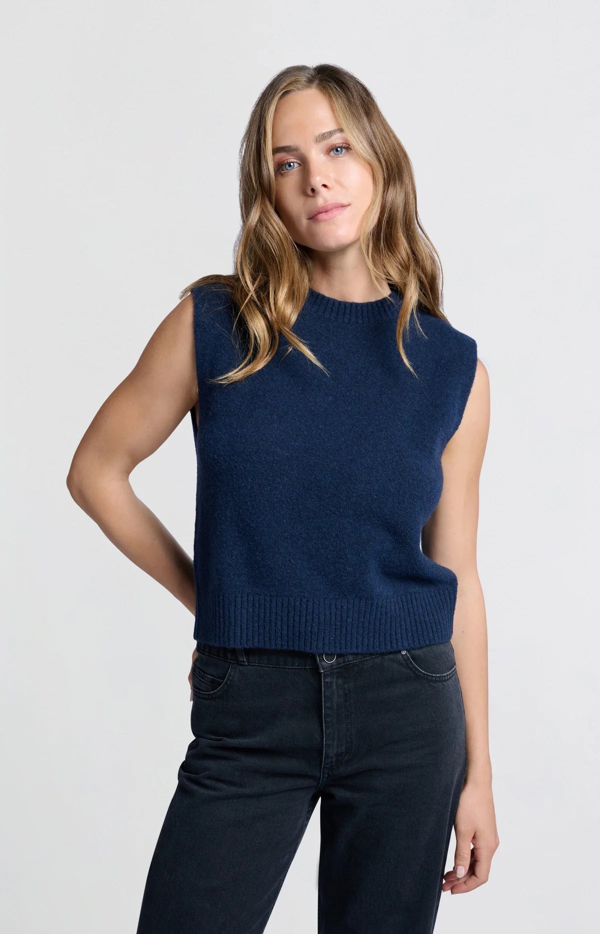 Open Back Sweater Vest in Outer Space Blue Melange