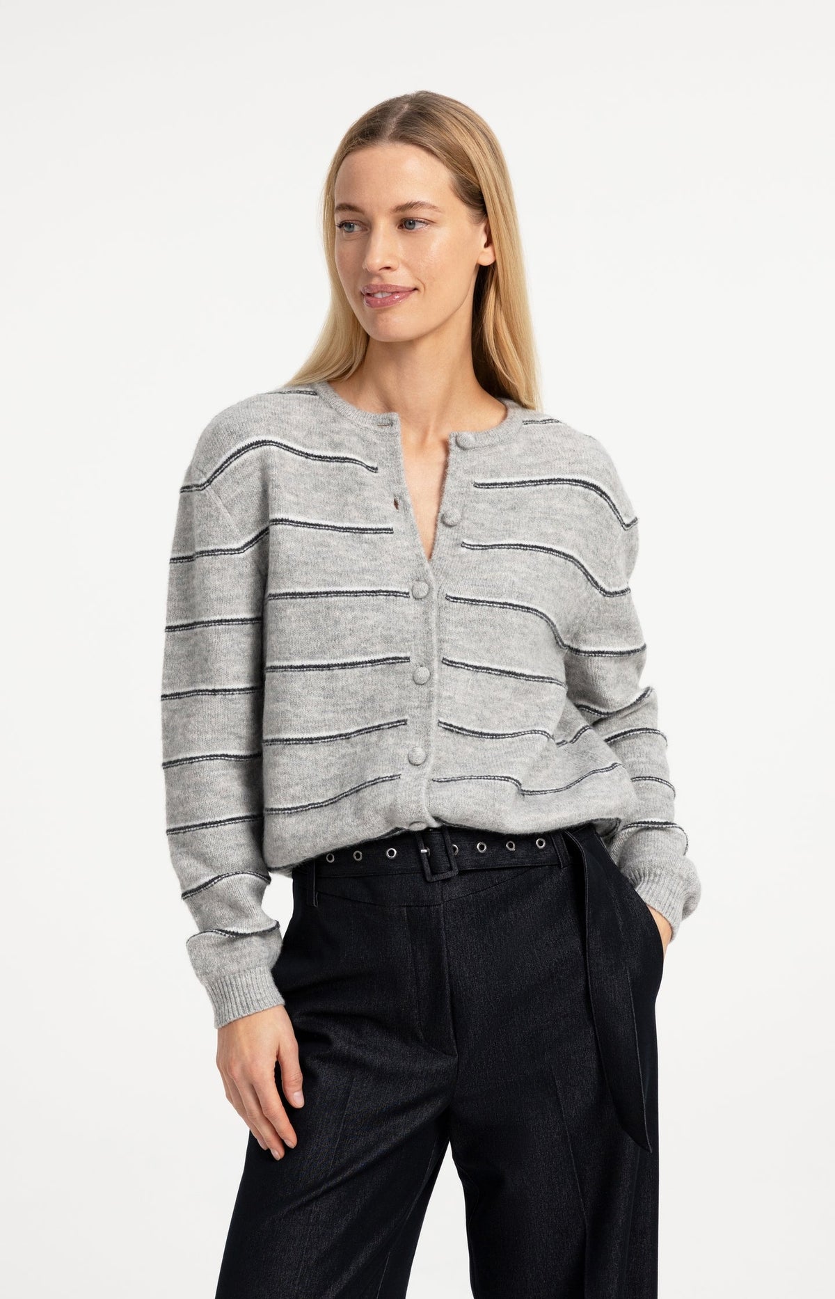 YAYA Striped Fine Knit Cardigan with Tie Detail in Medium Grey Melange