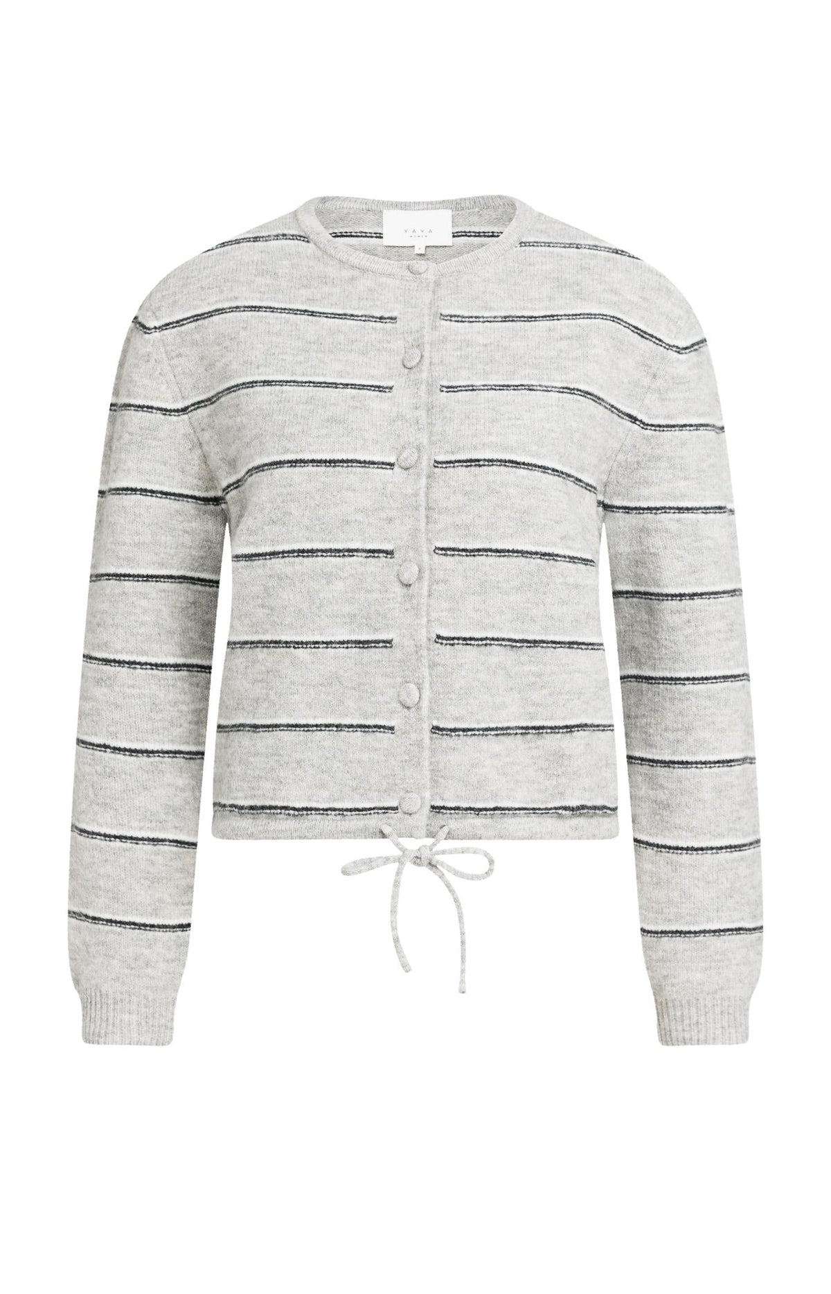 YAYA Striped Fine Knit Cardigan with Tie Detail in Medium Grey Melange
