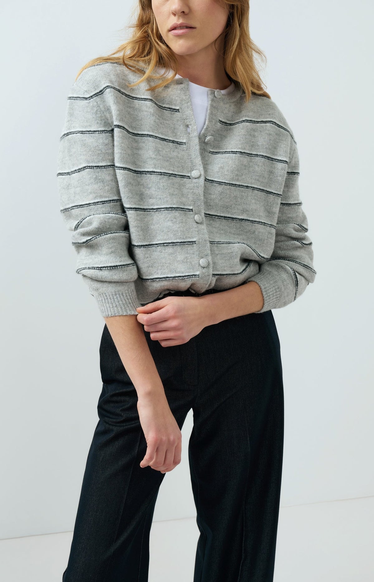 YAYA Striped Fine Knit Cardigan with Tie Detail in Medium Grey Melange
