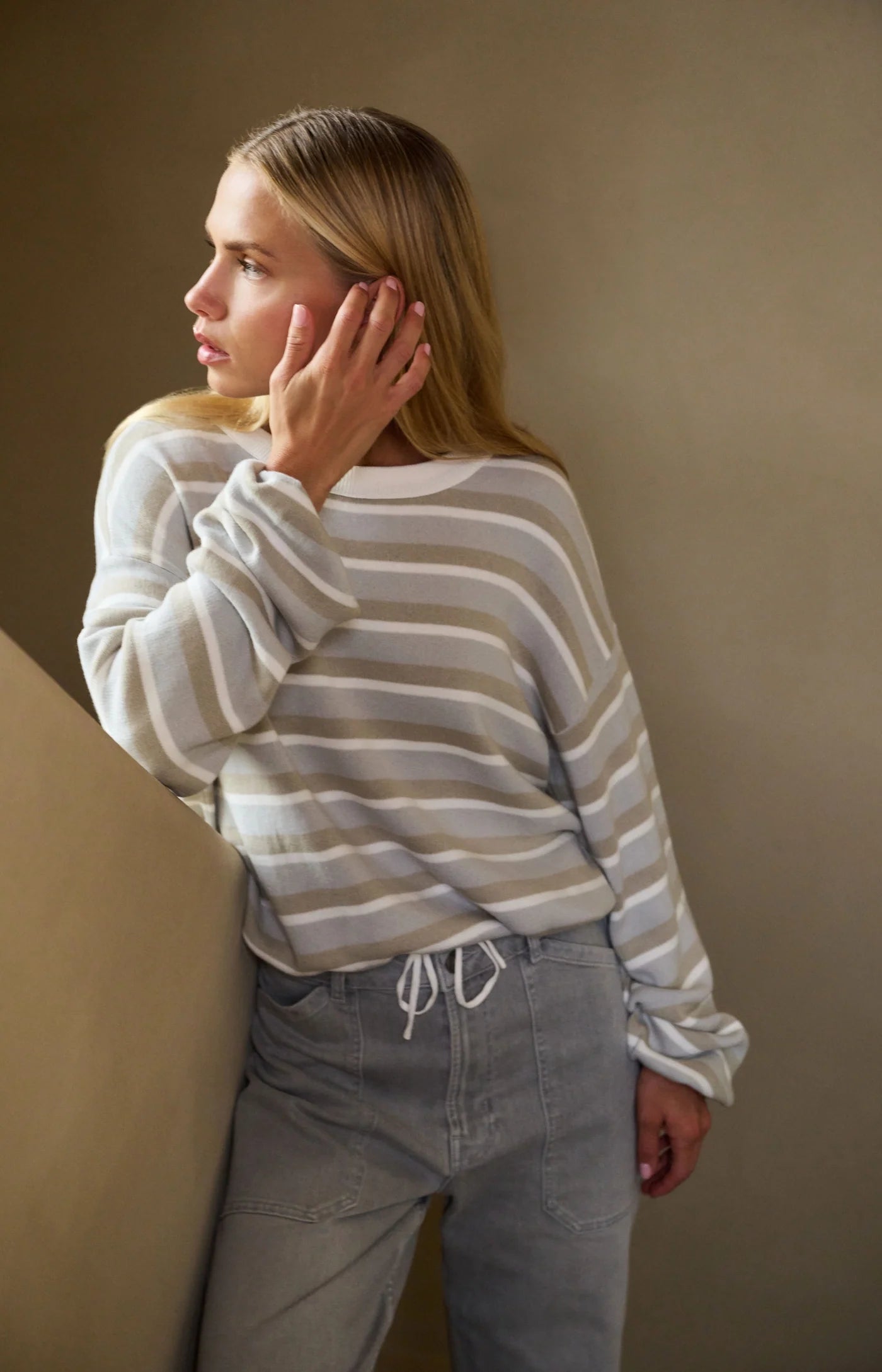 Yaya Striped Drawstring Sweater in Vapor Blue