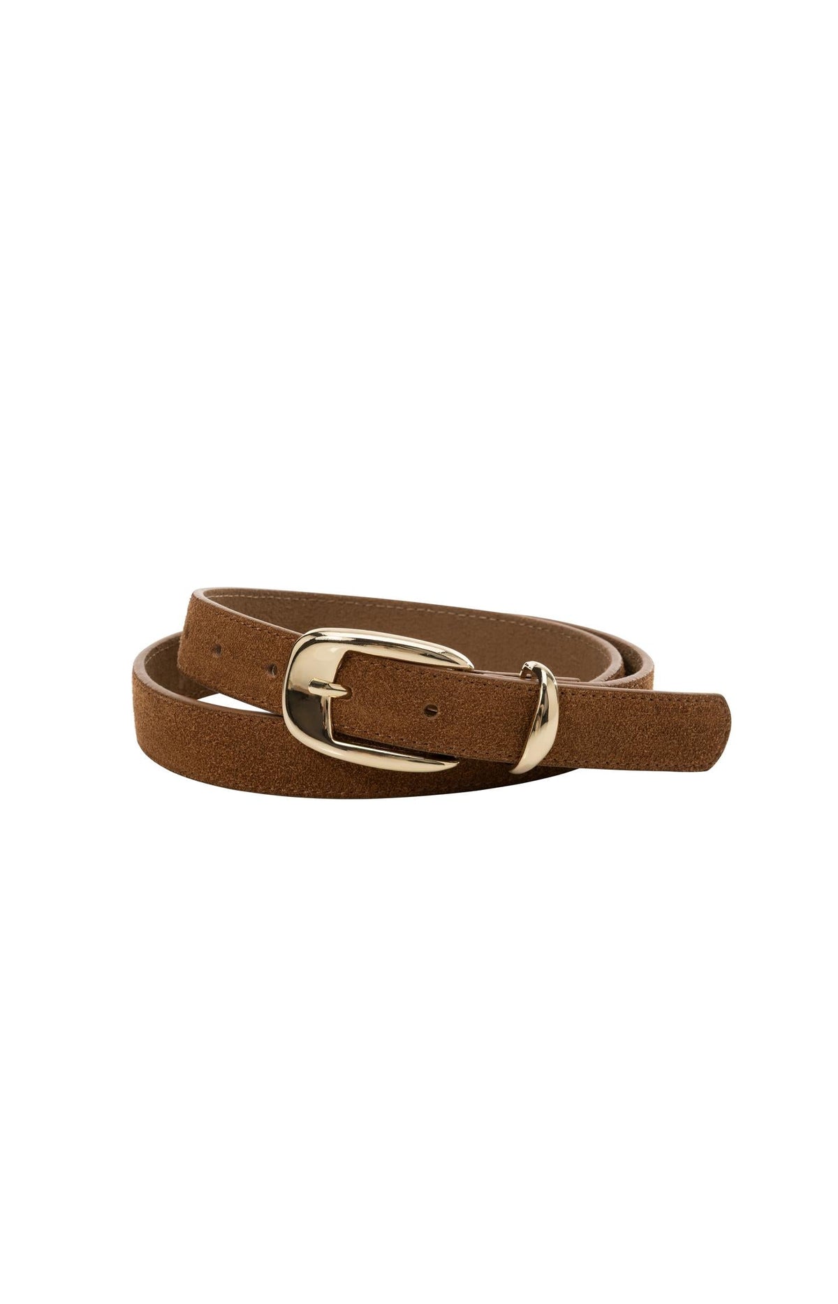 YAYA Suede Belt with Gold Tone Buckle in Bison Brown