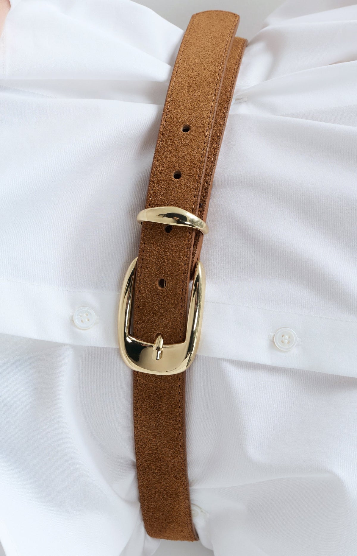 YAYA Suede Belt with Gold Tone Buckle in Bison Brown