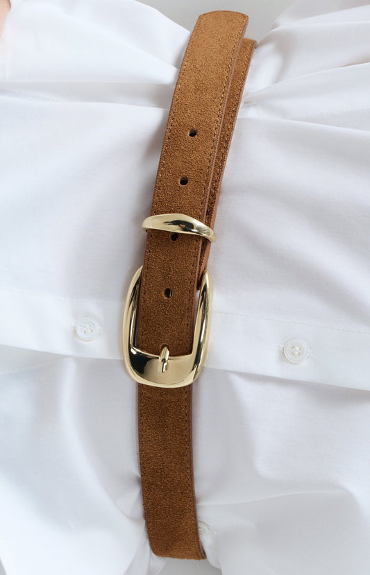YAYA Suede Belt with Gold Tone Buckle in Bison Brown