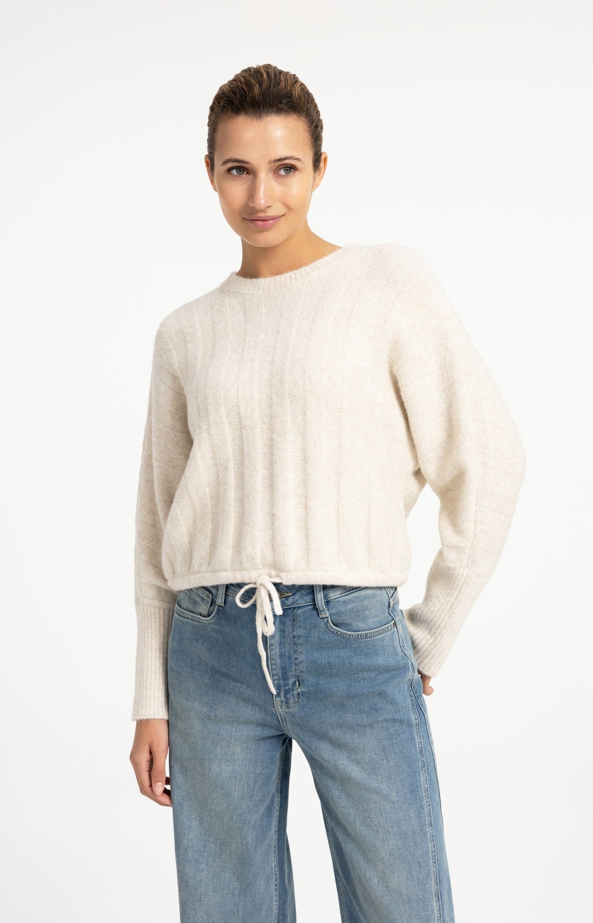 YAYA Batwing Sleeve Jumper with Drawcord Hem in Off White Melange