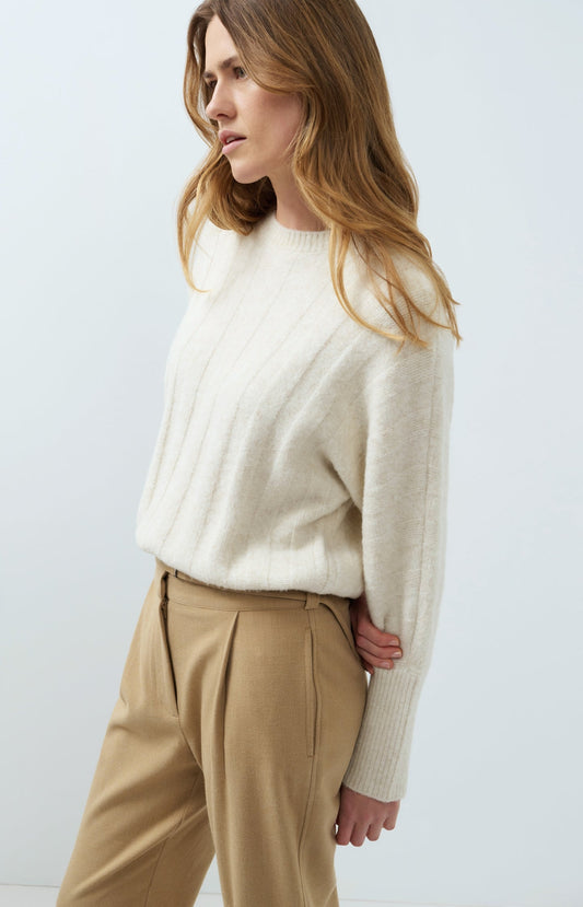 YAYA Batwing Sleeve Jumper with Drawcord Hem in Off White Melange