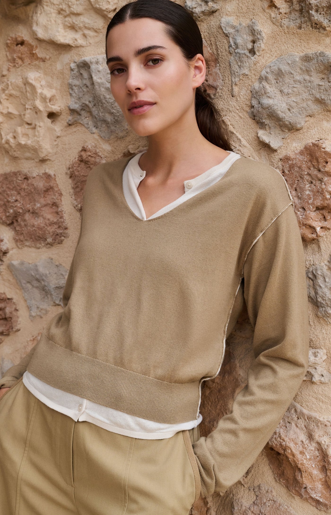 Yaya Layered Sweater in Khaki