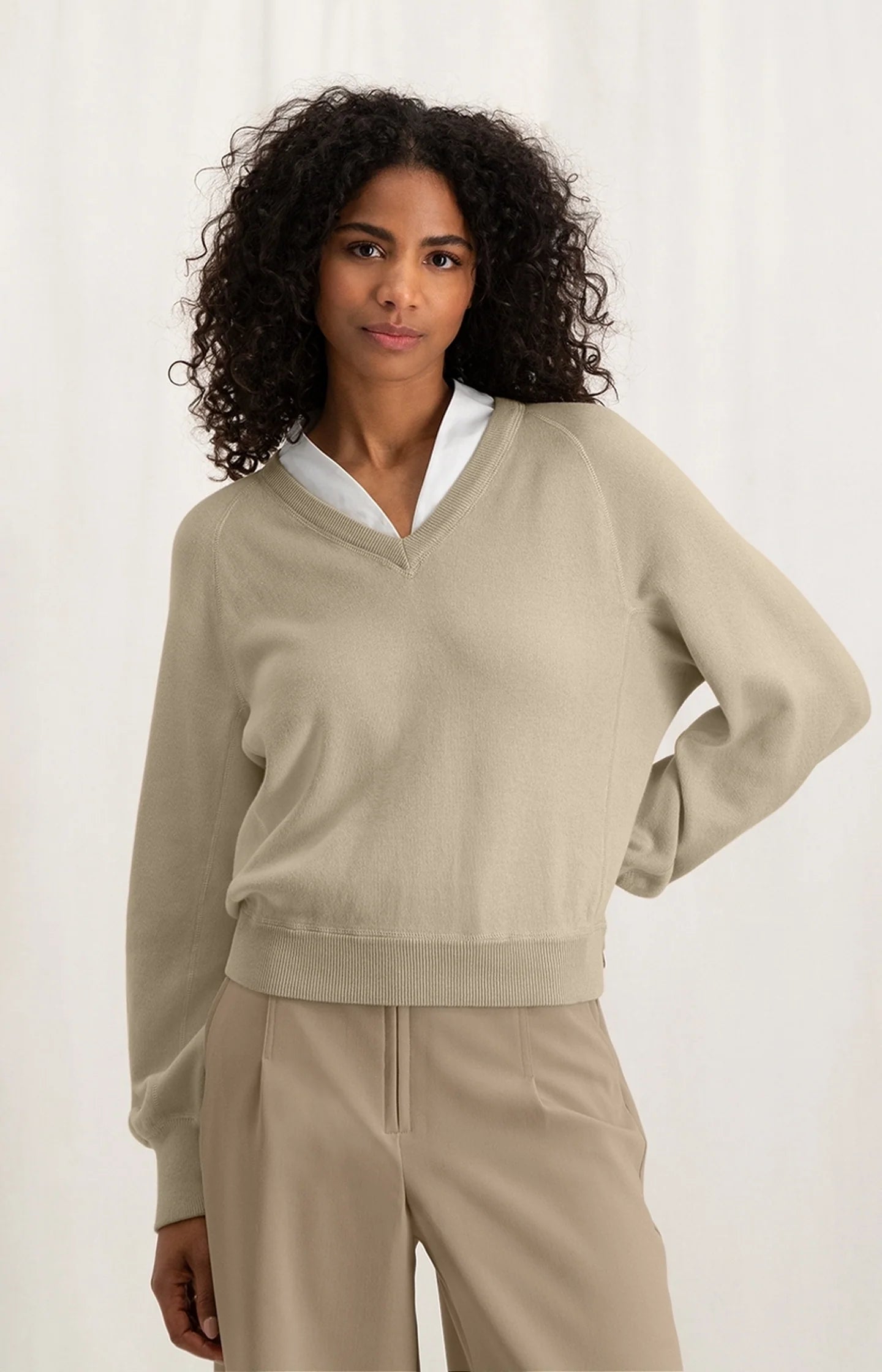 Sweater with Faux Shirt Detail in White Pepper Beige