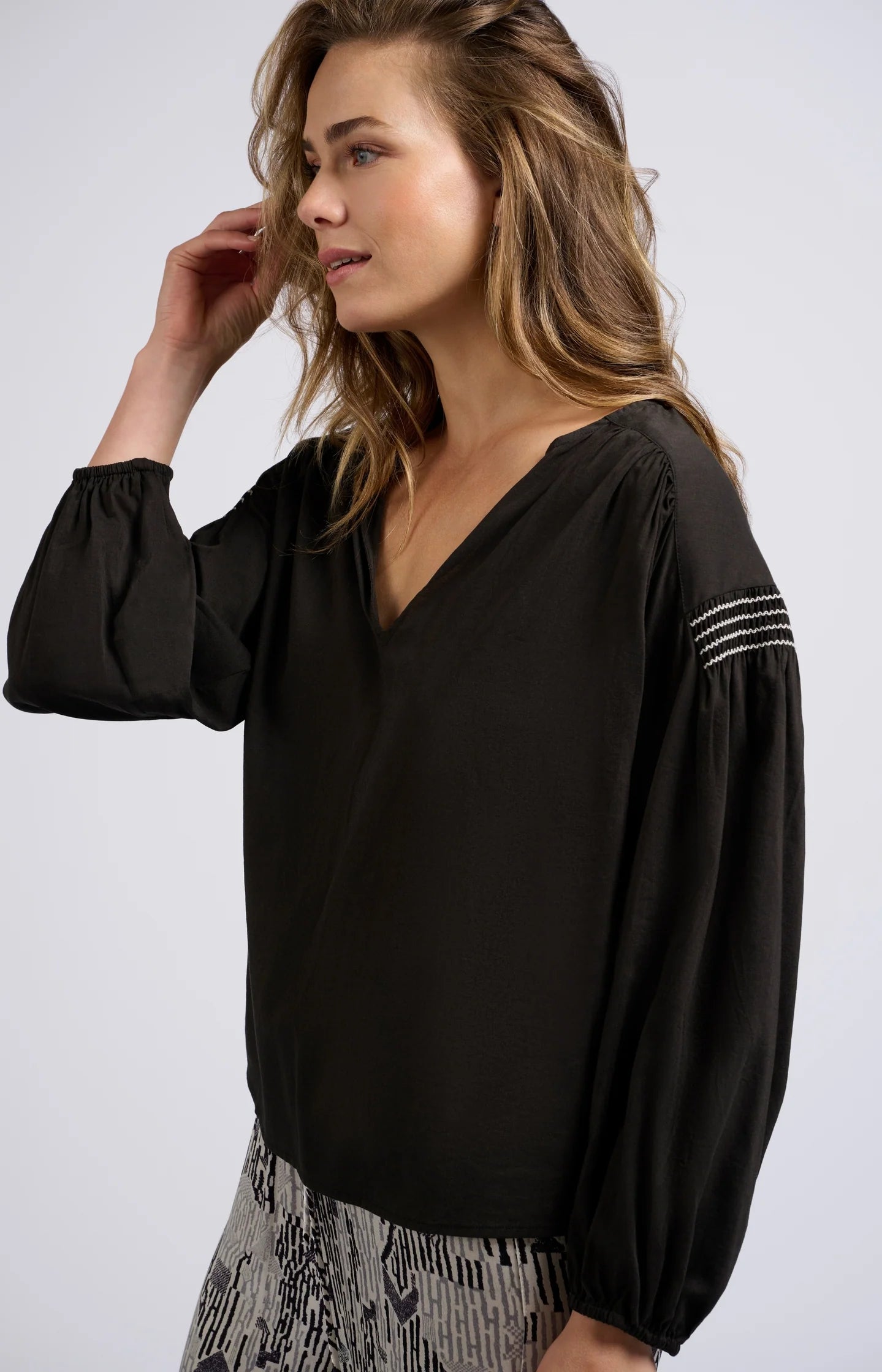 V-Neck Woven Top in Liquorice Black